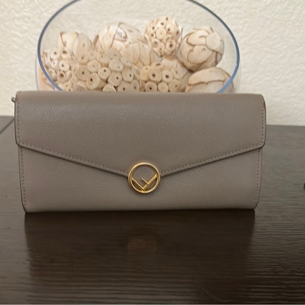 Fendi Long Wallet – Taupe Saffiano Leather with Gold Logo Hardware